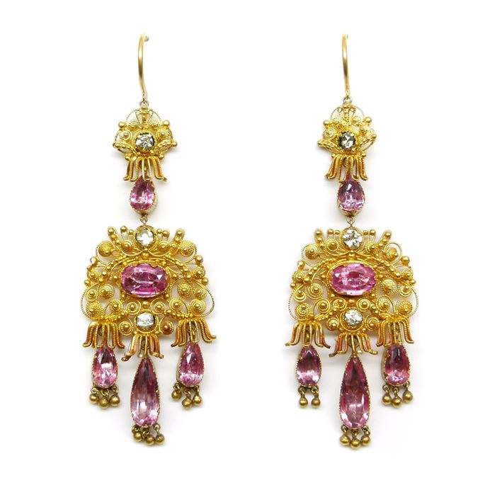 Pair of cannetille gold and pink foiled topaz pendant earrings | MasterArt